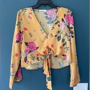 Sheike Australian size 8 mid-driff tie blouse yellow with floral print.